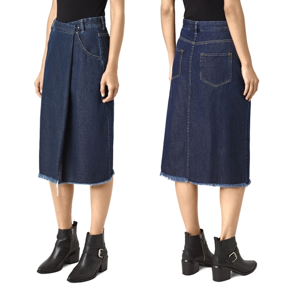 All Saints Dresses & Skirts - ALLSAINTS Annett folded denim raw hem indigo skirt
